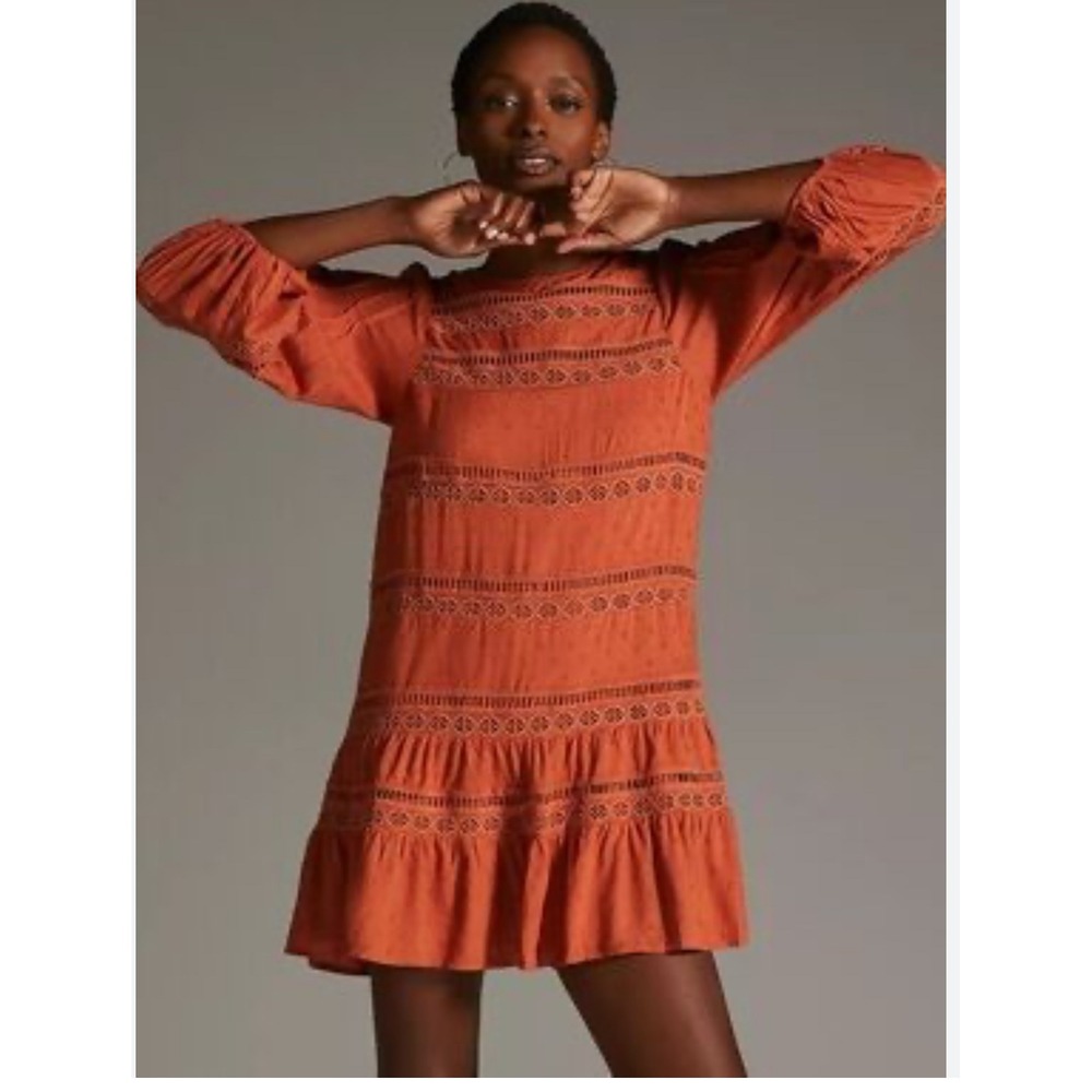 Anthropologie Somerset Eyelet Mini Dress Rust Orange Boho Swiss Dot XS